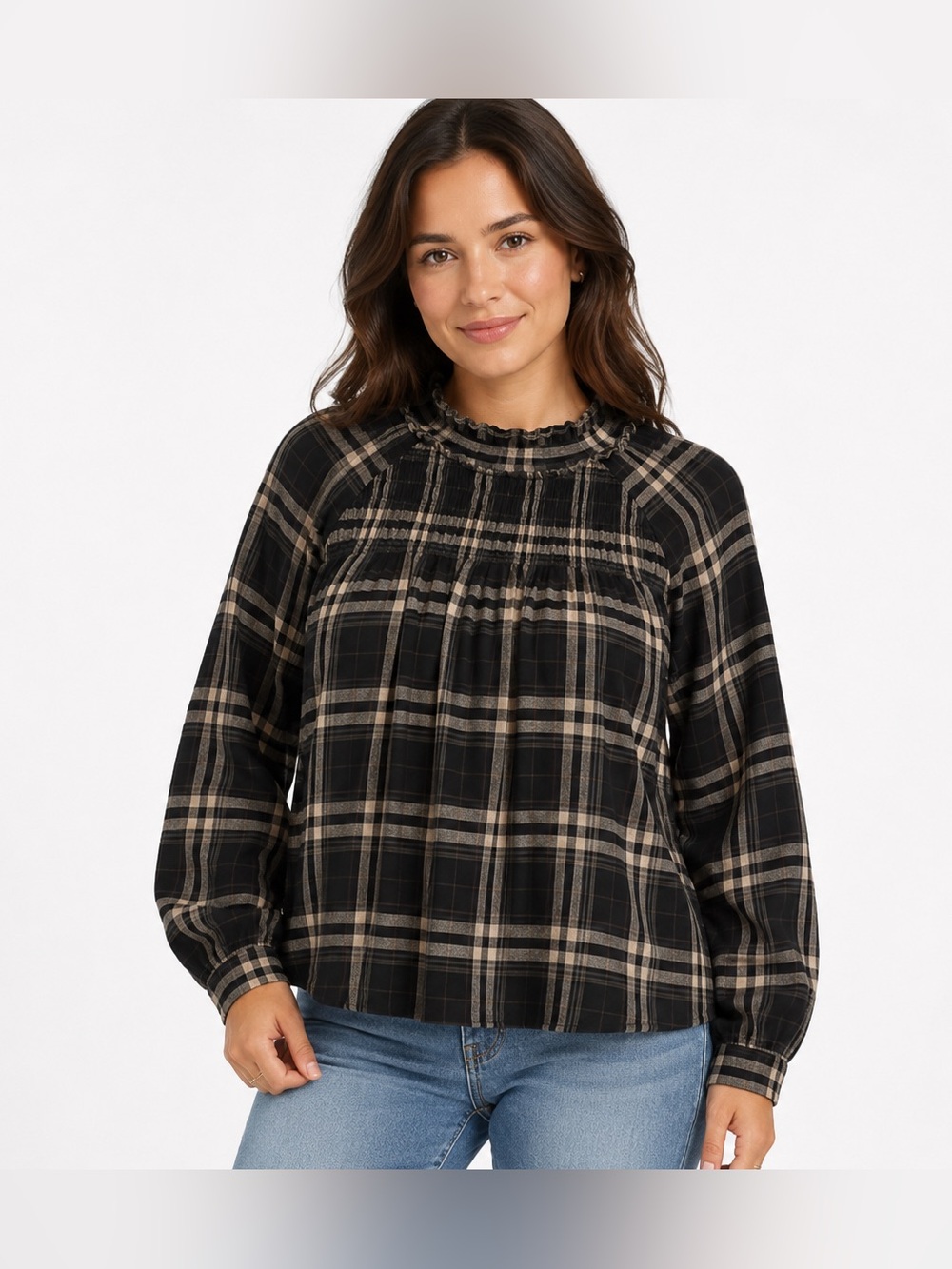 Indigo Soul Women’s Smocked Mock Neck Blouse in Black/Taupe Plaid Sz L